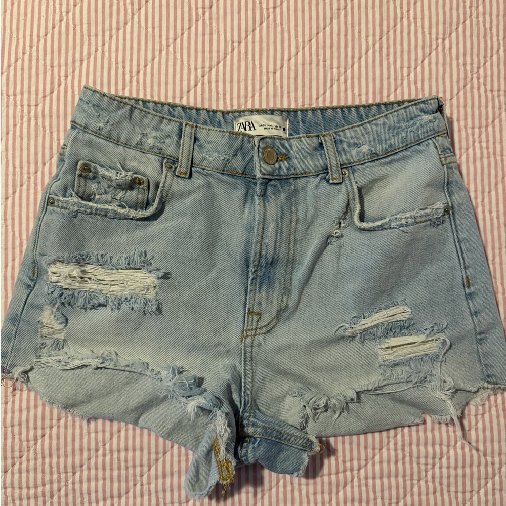 Zara Light Blue Distressed Denim Cutoff Shorts
